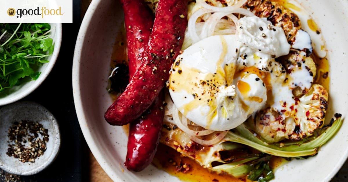 Grilled cauliflower steaks with chorizo and burrata