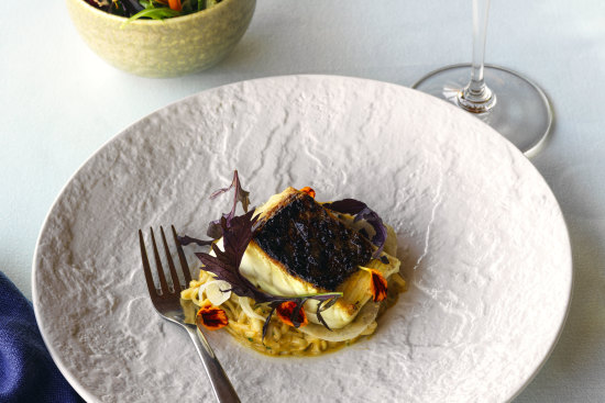 Hibachi grilled Snapper with celeriac, fennel and smoked mussel.