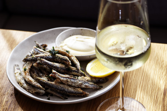 Fried gavros (Greek anchovies) and ouzo mayonnaise.