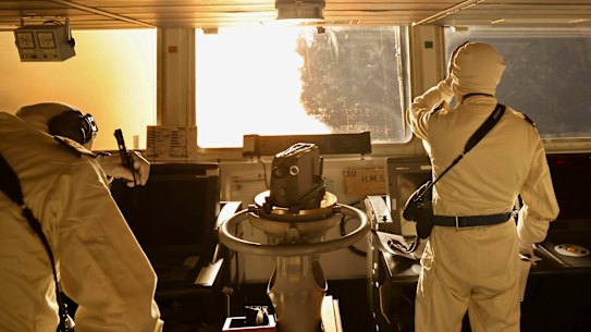 An image from the bridge of HMS Diamond, as Sea Viper missiles are fired in the Red Sea. 