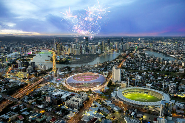 It’s Games time: The Gabba West proposal would keep the existing Gabba for Brisbane 2032, where it could be used as a warm-up track and overflow arena.