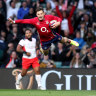 LONDON, ENGLAND - NOVEMBER 06: Jonny May of England dives over to score their side’s third try during the Autumn Nations Series match between England and Tonga at Twickenham Stadium on November 06, 2021 in London, England. (Photo by Julian Finney/Getty Images)