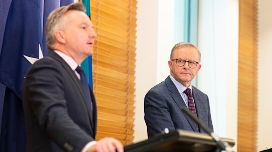 Labor climate change and energy spokesman Chris Bowen and Opposition leader Anthony Albanese announcing the party’s new climate policy. 