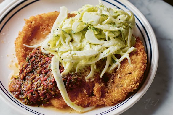 Ever-popular chicken schnitzel gets a lift with a burnt salsa and fennel slaw. 