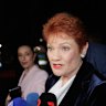 One Nation leader Pauline Hanson speaks with the media outside a Melbourne venue on Friday night.
