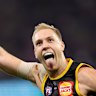 PERTH, AUSTRALIA - JUNE 01: Oscar Allen of the Eagles celebrates a goal during the 2025 AFL Round 12 match between the West Coast Eagles and the Geelong Cats at Optus Stadium on June 1, 2025 in Perth, Australia. (Photo by Janelle St Pierre/AFL Photos via Getty Images)