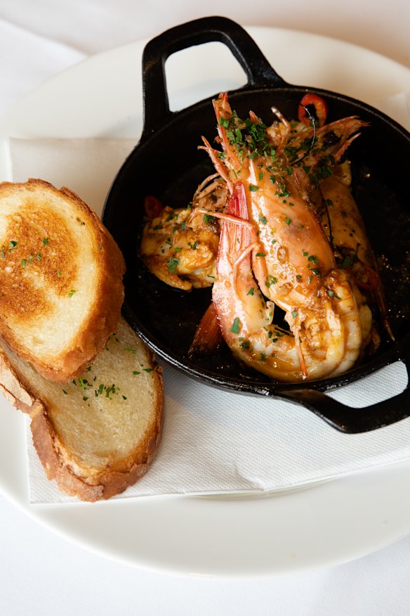Trio of garlic and chilli-laden Mooloolaba king prawns.