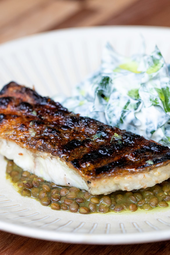 Charcoal Murray cod with lentils and  greens.