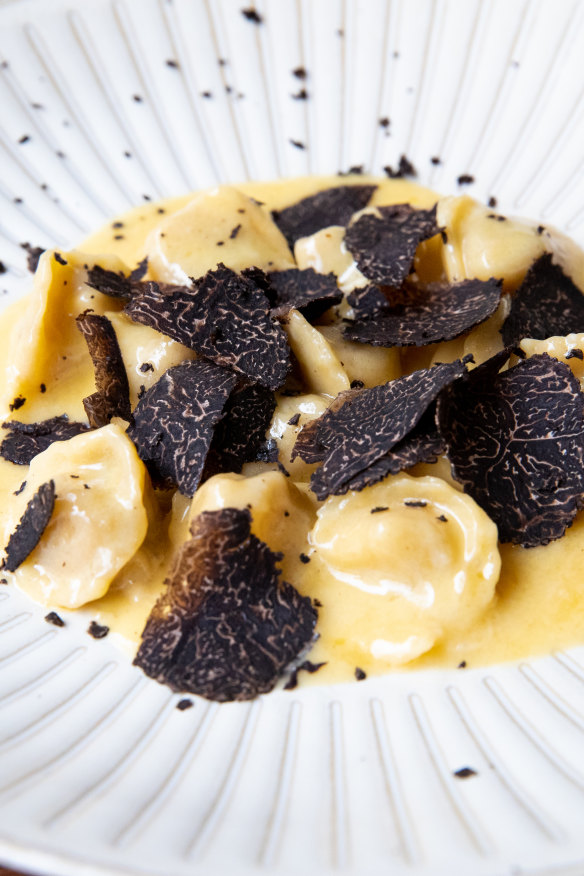Fontina and onion tortelini with black truffle.