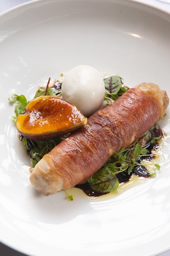 Quail saltimbocca: prosciutto-wrapped quail sausage served with fig and gorgonzola gelato.