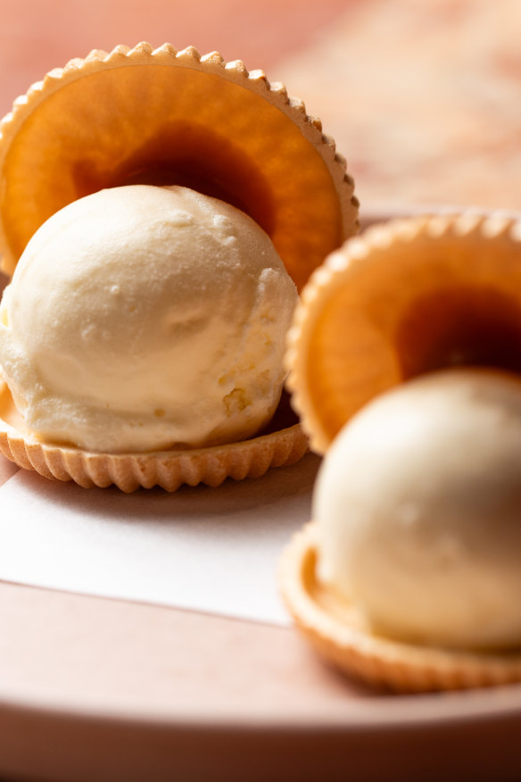 Miso caramel, vanilla bean and presto ice-cream sandwich.