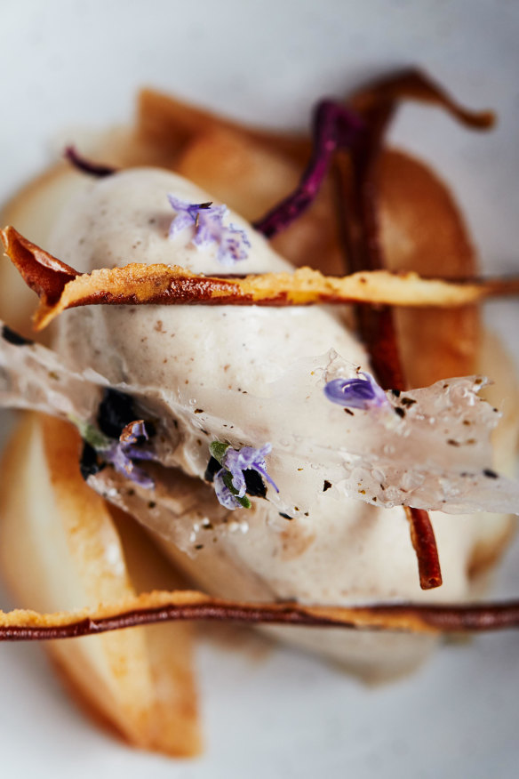 Grilled pear, truffle ice cream and pear wafers.