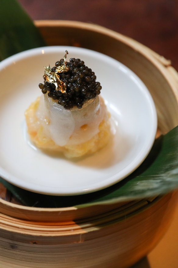 Alaskan king crab and prawn dumpling with caviar.