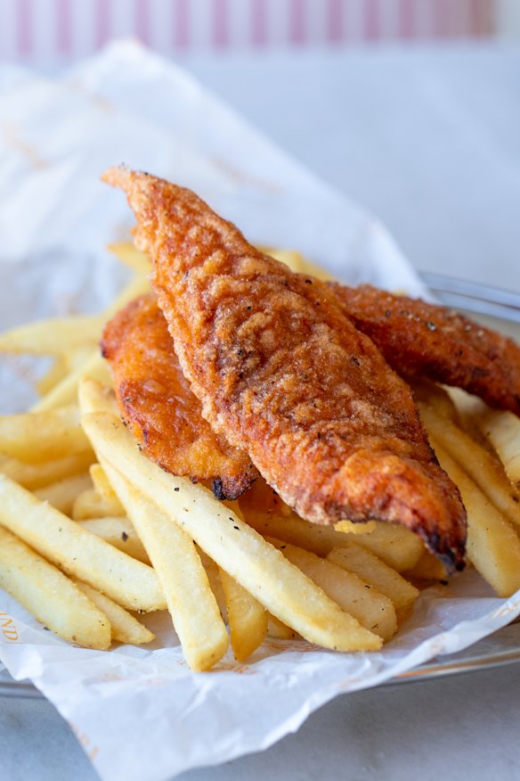 Harissa snapper fish and chips with tartare.