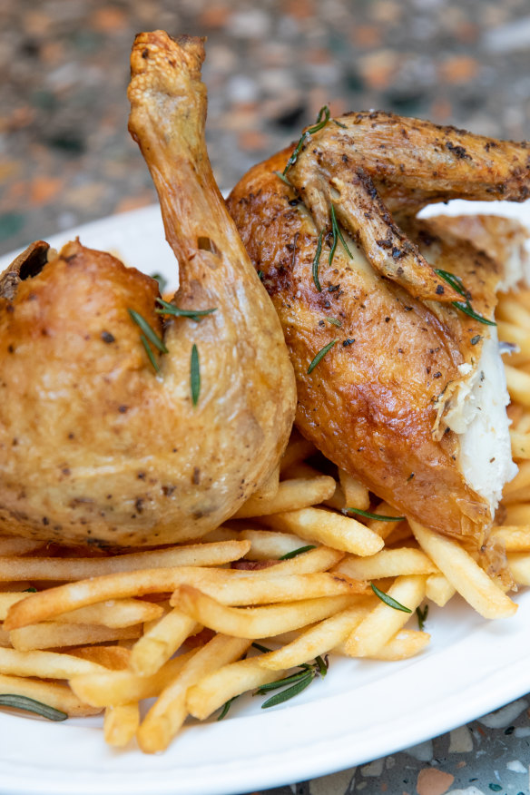 Half rotisserie chicken and chips. 