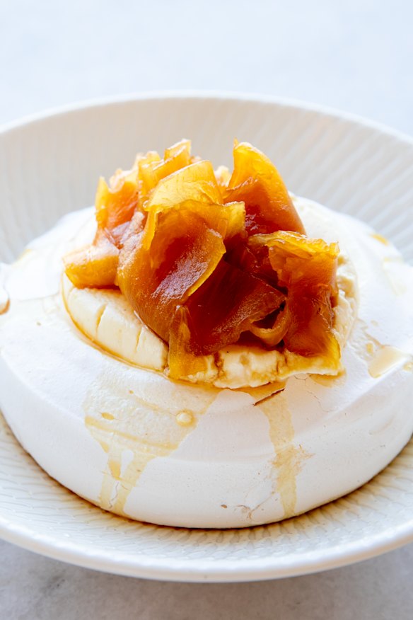 Pineapple pavlova with creme fraiche and molasses.