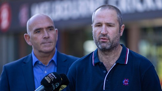 MCC chief executive Stuart Fox and MCG head curator Matthew Page front the media on Sunday.