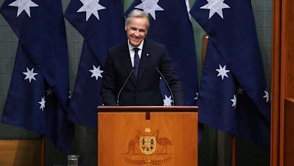Canada’s Prime Minister Mark Carney addressing the Australian parliament. 