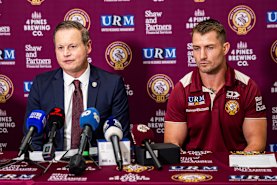 Manly chairman Scott Penn alongside new interim coach Keiran Foran.