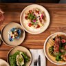 Blue ocean cracker and kingfish carpaccio sashimi salad. 