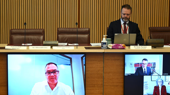 CEO of Cbus Super Kristian Fok appears via video link during a public hearing of a Senate committee on Thursday morning. 
