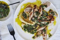 Danielle Alvarez’s grilled sausages with chickpea mash and chimichurri.