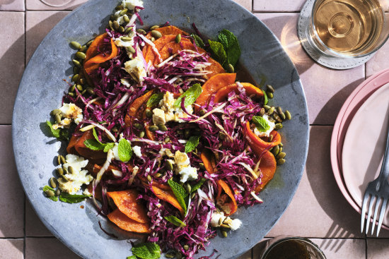 Pumpkin and radicchio salad with sweet and sour dressing and goat’s cheese.