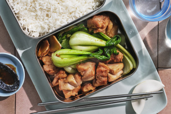 Stir-fried chicken and pak choy.