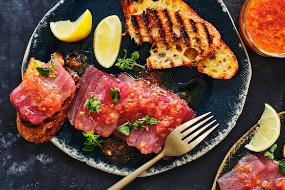 Julia Busuttil Nishimura’s tuna crudo with tomato vinaigrette and bruschetta.
