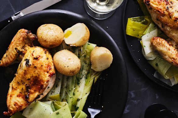 Mustard and herb roasted chicken breast with buttered leeks.