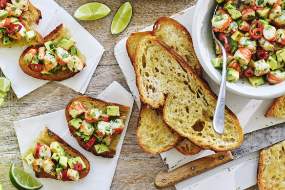 Julia Busuttil Nishimura’s prawn toasts with chilli, lime and avocado.
