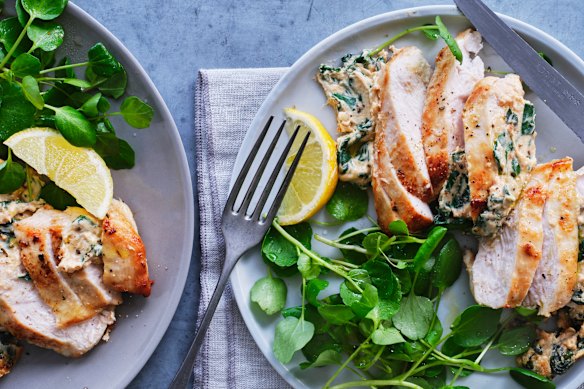 Spinach-and-ricotta-stuffed chicken breasts.