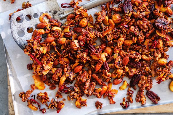 Helen Goh’s roasted spiced nuts with lime leaf and chilli.