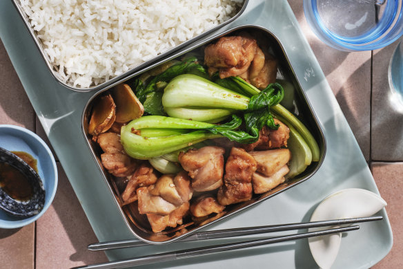 Stir-fried chicken and pak choy.