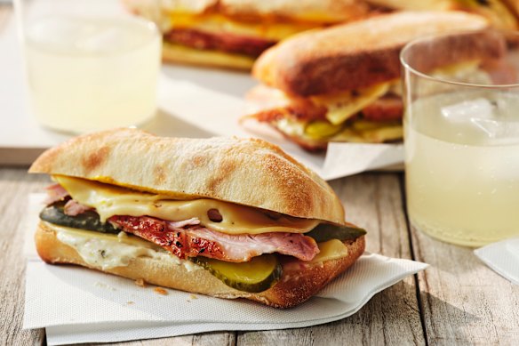 Christmas cubanos use slices of the festive glazed ham.