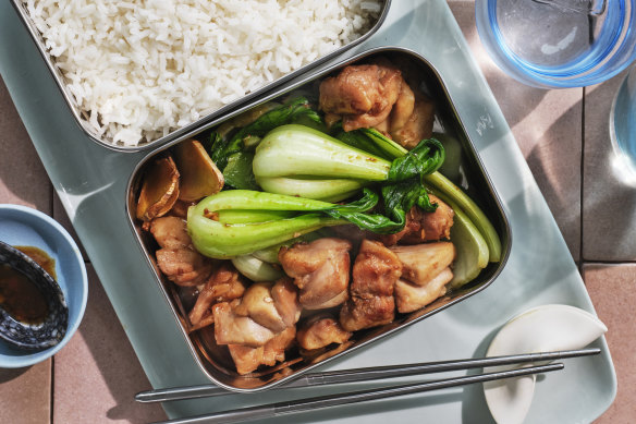 Stir-fried chicken and pak choy.