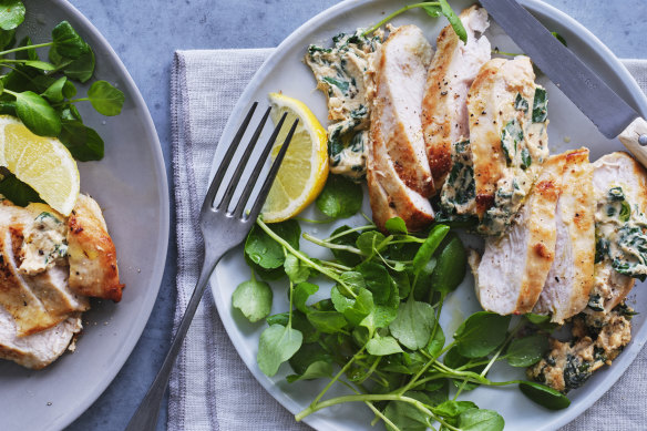 Spinach-and-ricotta-stuffed chicken breasts.