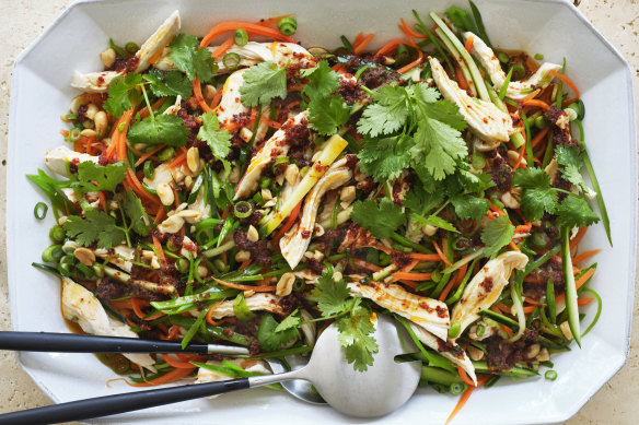 Poached chicken and spring vegetable salad with Sichuan chilli vinaigrette.