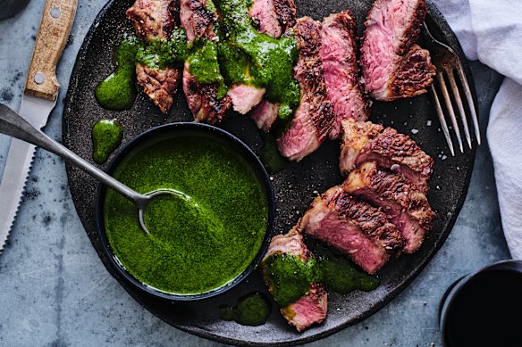 Barbecued lamb with mint dressing.