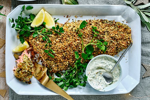 Dion’s dad bakes a similar salmon dish, topped with pine nuts, dates and dill.