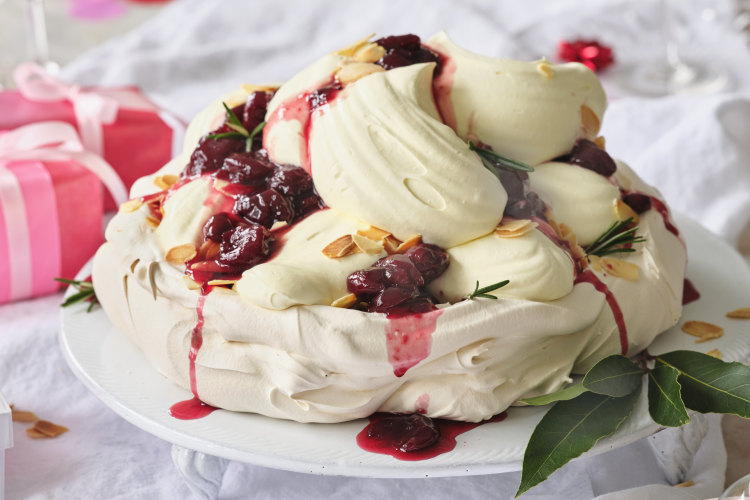 Helen Goh’s cherry pavlova with almond-flavoured cream.