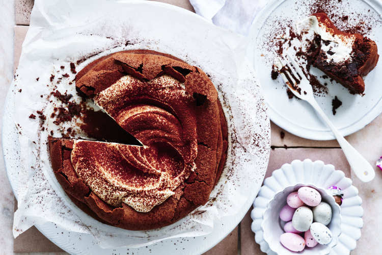 Helen Goh’s flourless chocolate crater cake with spiced whipped cream.