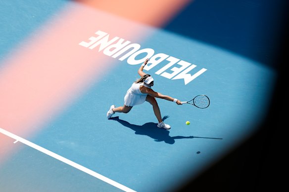 Paula Badosa of Spain plays a backhand shot.