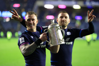 Stuart Hogg and Finn Russell of Scotland celebrate with the Calcutta Cup.