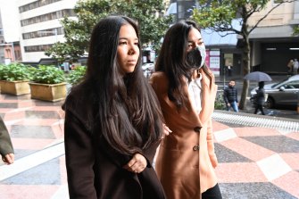 Nicola Teo (left) arrives at Downing Centre courts on Tuesday morning. 