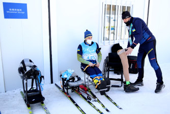 Ukrainian skier Vasyl Kravchuk prepares for a training session with coach Valerii Kazakov at the Zhangjiakou National Biathlon Centre on Thursday. Ukraine has 20 athletes at the Games.