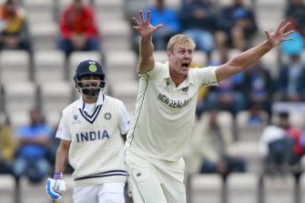 Kyle Jamieson successfully appeals for the wicket of India’s captain Virat Kohli.