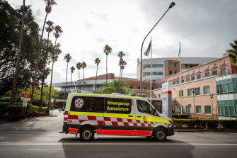An ambulance arriving at Liverpool Hospital. Most of Saturday’s COVID-19 deaths were reported in south-west Sydney.