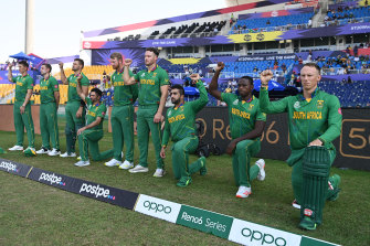 South African players before their match against Australia earlier in the tournament,