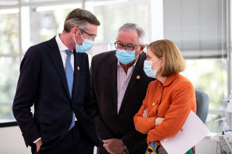 NSW Premier Dominic Perrottet, Health Minister Brad Hazzard and Chief Health Officer Kerry Chant on Sunday.